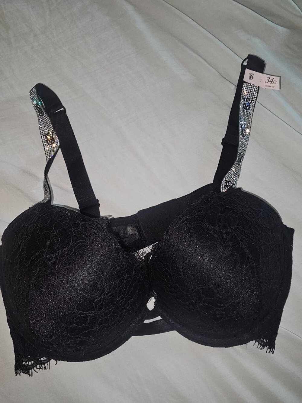Victoria’s Secret Bombshell Black Lace Bra 34D NWT Rhinestone Shine Straps RARE